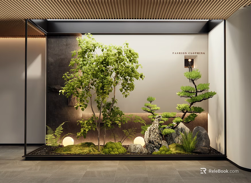 Elegant Natural Indoor Landscape With Green Plants Rockery Soft Lighting And Wooden Ceiling 3d model 