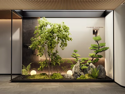 Elegant Natural Indoor Landscape With Green Plants Rockery Soft Lighting And Wooden Ceiling 3d model