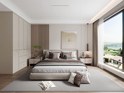 Modern Bedroom Interior With Large Bed Built-in Cabinets Area Rug And Scenic Window View 3d model