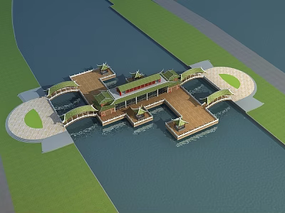 Scenic Garden Feature With Wooden Water Platform Pavilions And Green Lawn 3d model