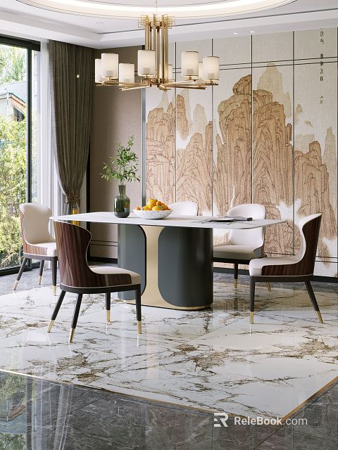 Modern Dining Table Set Round Black Gold Base Beige Brown Chairs Decorative Vase Greenery Fruit 3d model 