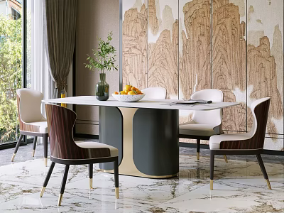 Modern Dining Table Set Round Black Gold Base Beige Brown Chairs Decorative Vase Greenery Fruit 3d model