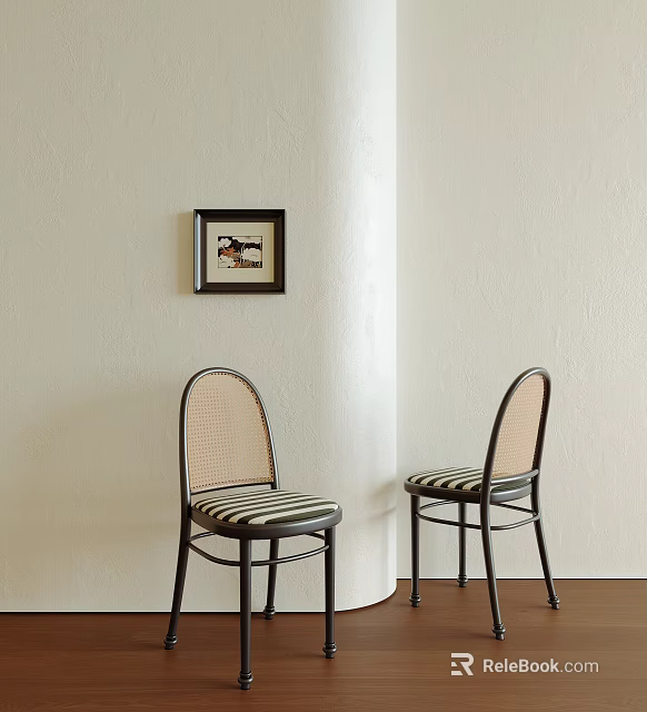 Dining Chairs With Rattan Backrest Striped Seat Black Frame On Light Colored Wall With Artwork 3d model 