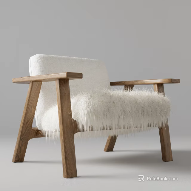 Modern Leisure Chair With Wooden Armrests And White Fluffy Seat Cushion 3d model 
