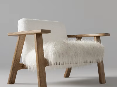 Modern Leisure Chair With Wooden Armrests And White Fluffy Seat Cushion 3d model