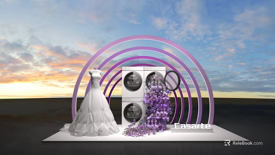 Easette Appliance Display With White Wedding Dress Purple Flower Garland And Sunset Sky 3d model 