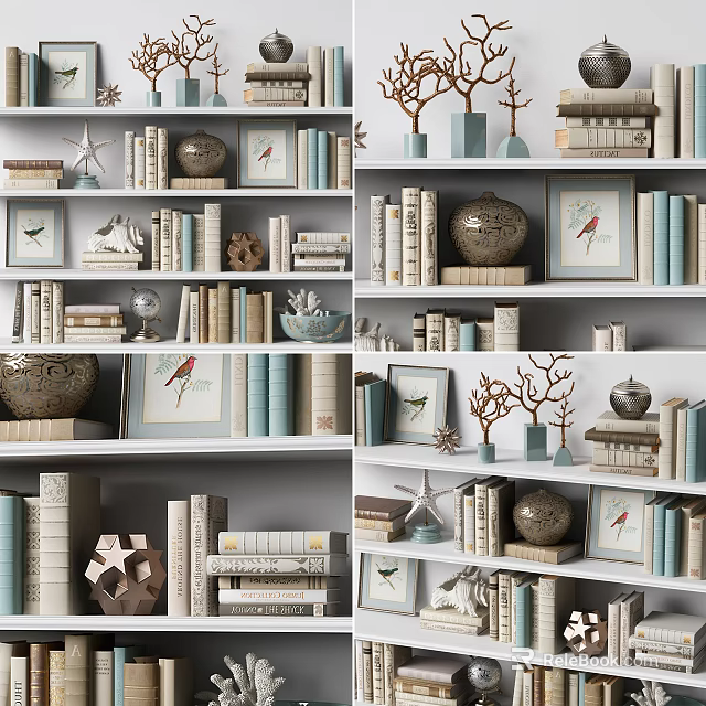 Elegant Decorative Ornament Combination With Books Picture Frames Vases And Branch Decor On Bookshelves 3d model 