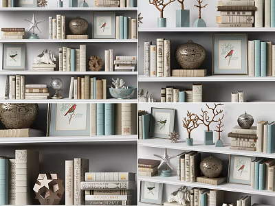 Elegant Decorative Ornament Combination With Books Picture Frames Vases And Branch Decor On Bookshelves 3d model