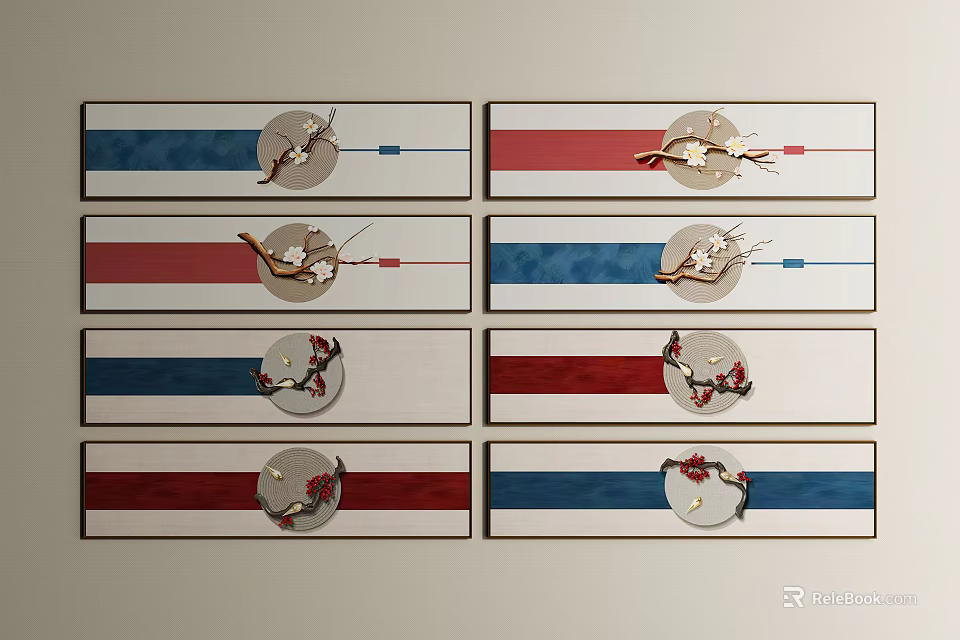 Multiple Rectangular Framed Wall Art With Circular Motifs And Red Flowers 3d model 