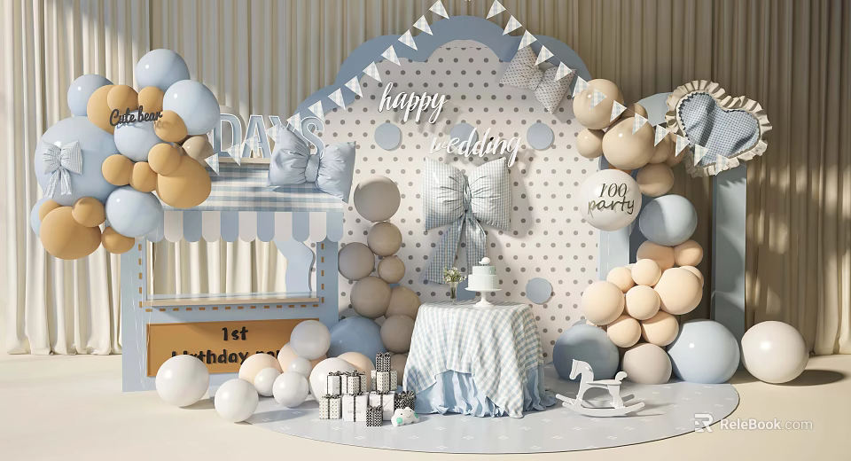 Floral Decoration for 1st Birthday Party with Blue Beige Balloons Ribbons Cake and Rocking Horse 3d model 