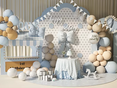 Floral Decoration for 1st Birthday Party with Blue Beige Balloons Ribbons Cake and Rocking Horse 3d model