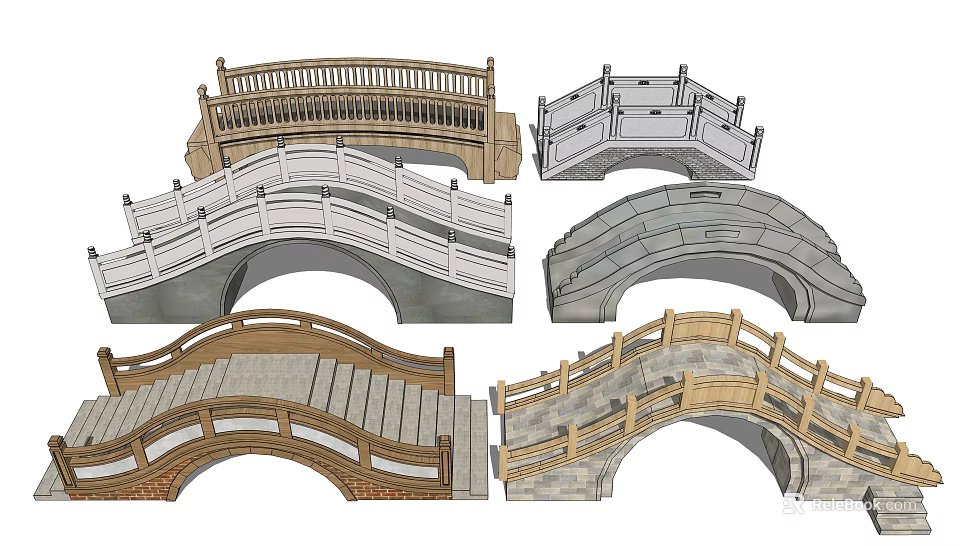 Assorted Bridge Models Featuring Wooden Stone Arch Designs and Decorative Railings 3d model