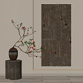 Wooden Wall Decor with Intricate Carved Patterns and Tree Stump Base Vase with Red Berry Branch