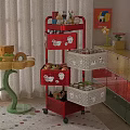 Red Multi-layer Rolling Storage Shelf with Bins for Kids Room Toys and Fruits