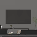 Black TV Stand With Wall Mounted TV Decorative Vase Books On Gray Wall Striped Rug