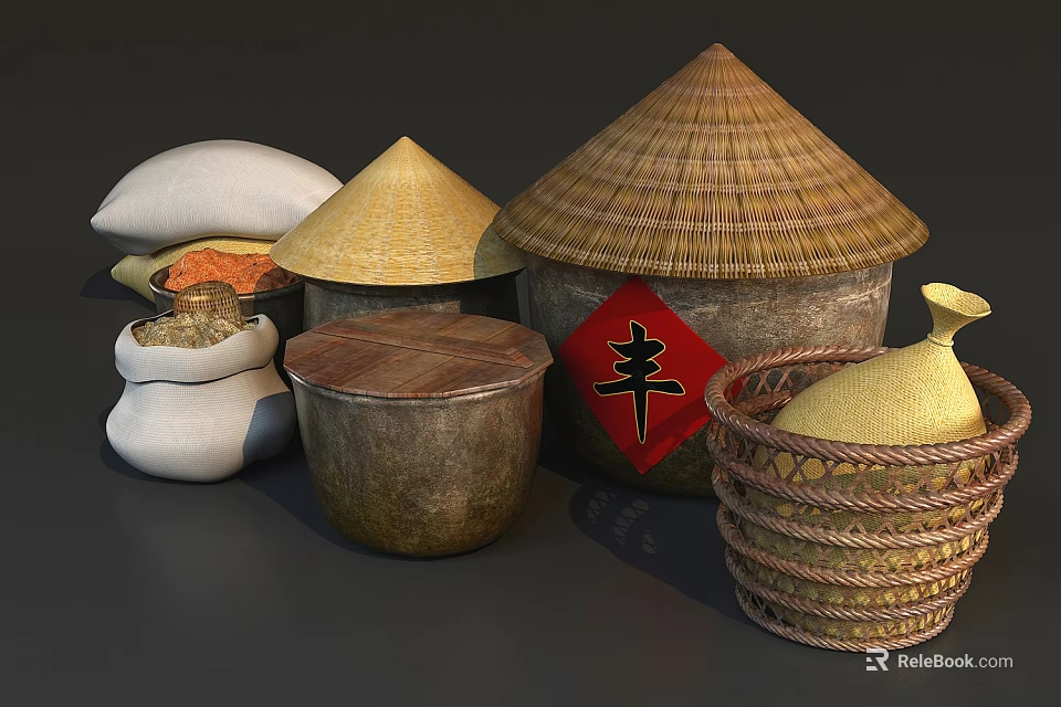 Traditional Household Storage Items Including Bamboo Containers Rice Bags Earthen Jars And Harvest Symbol 3d model 