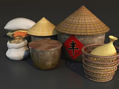 Traditional Household Storage Items Including Bamboo Containers Rice Bags Earthen Jars And Harvest Symbol 3d model