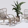 Two Natural Wicker Outdoor Chairs with Large Green Plant and Woven Planter