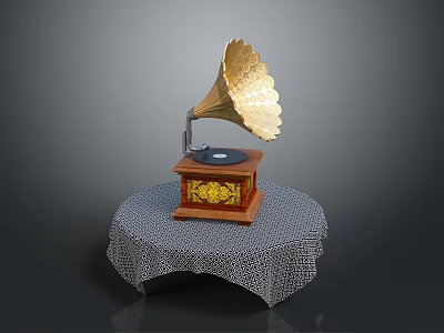 Vintage Gramophone with Golden Horn and Decorative Wooden Base on Round Table with Patterned Tablecloth 3d model