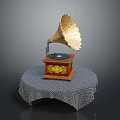 Vintage Gramophone with Golden Horn and Decorative Wooden Base on Round Table with Patterned Tablecloth