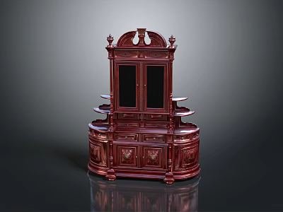 Elegant Classic Wooden Cabinet With Carved Details Glass Doors And Drawers 3d model
