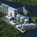 Industrial Plant With Multiple Silos Waterfront Greenery Support Buildings And Dormitories