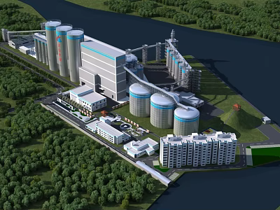 Industrial Plant With Multiple Silos Waterfront Greenery Support Buildings And Dormitories 3d model