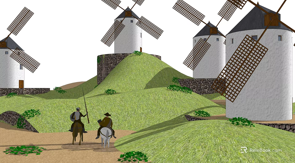 Traditional Rural White Windmills With Stone Walls On Green Hillside Landscape 3d model 