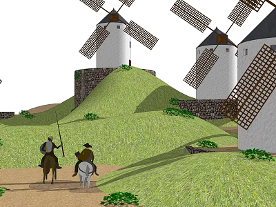 Traditional Rural White Windmills With Stone Walls On Green Hillside Landscape 3d model
