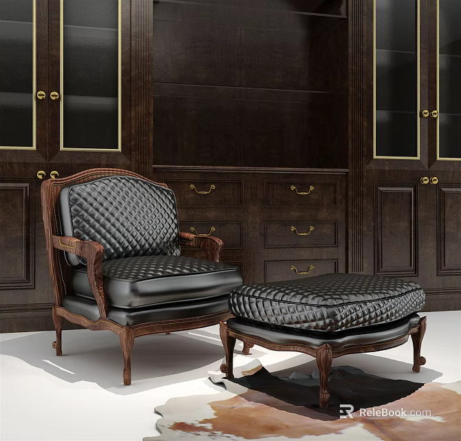 Elegant Quilted Leather Armchair With Wooden Frame And Matching Ottoman In Dark Wooden Cabinets Background 3d model 