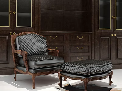 Elegant Quilted Leather Armchair With Wooden Frame And Matching Ottoman In Dark Wooden Cabinets Background 3d model