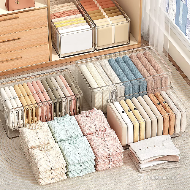 Neatly Organized Clothes With Transparent Storage Boxes 3d model 
