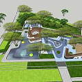 Outdoor Children's Play Area With Whale Shaped Water Feature And Yellow Umbrellas