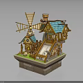 Detailed Fairy Tale Cottage Model With Windmill Blue Roof Wooden Structure Chimney And Staircase