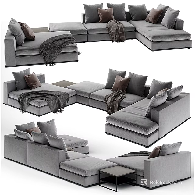 Modern Gray Sectional Sofa With Soft Pillows Throw Blanket And Comfortable Design 3d model