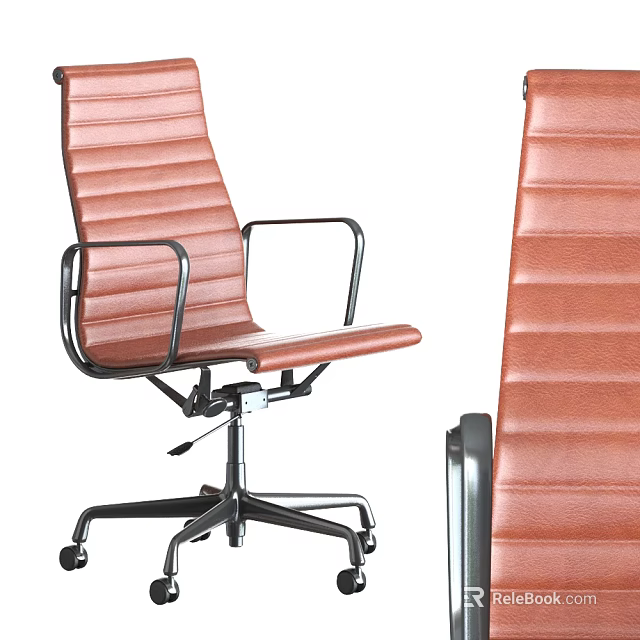 Modern Brown Leather Office Chair With Ergonomic Design Swivel Wheels And Metal Armrests 3d model 
