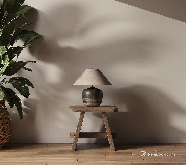 Minimalist Wooden Side Table With Table Lamp And Rattan Planter Plant In Interior 3d model 