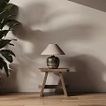 Minimalist Wooden Side Table With Table Lamp And Rattan Planter Plant In Interior