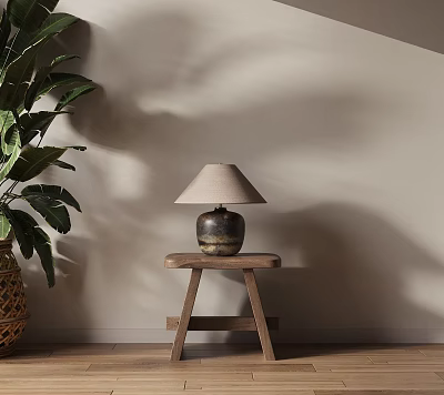 Minimalist Wooden Side Table With Table Lamp And Rattan Planter Plant In Interior 3d model
