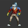 Anthropomorphic Wolf Character 3D Model With Red Jacket Blue Shoulders Beige Pants Yellow Gloves Standing Pose