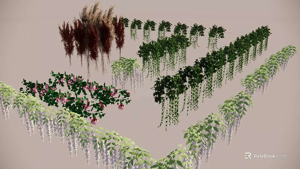 Different Types Of Decorative Vines With Hanging Green Leaves And Pink Flowers 3d model 