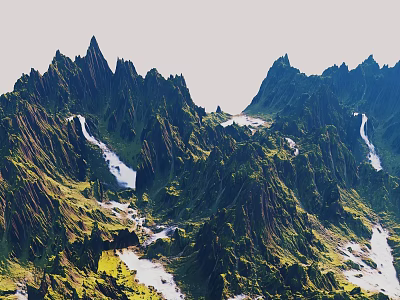 Majestic Mountain Landscape With Green Peaks Snowy Streams And Lush Vegetation 3d model