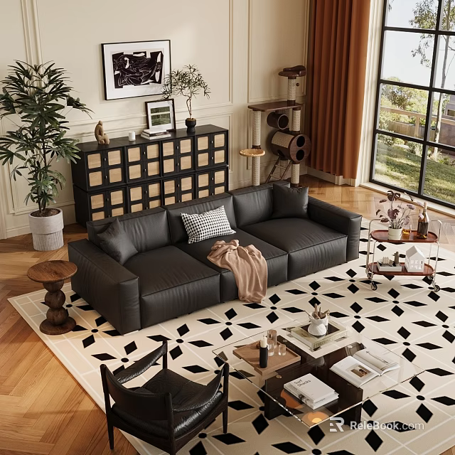 Modern Living Room With Black Leather Sofa Throw Pillow And Geometric Rug 3d model 