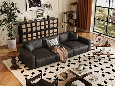 Modern Living Room With Black Leather Sofa Throw Pillow And Geometric Rug 3d model