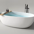 White Oval Bathtub With Light Blue Water Wooden Shelf Towels And Black Faucet