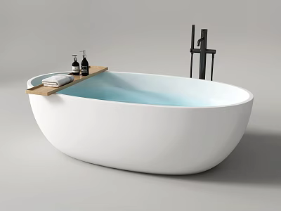 White Oval Bathtub With Light Blue Water Wooden Shelf Towels And Black Faucet 3d model