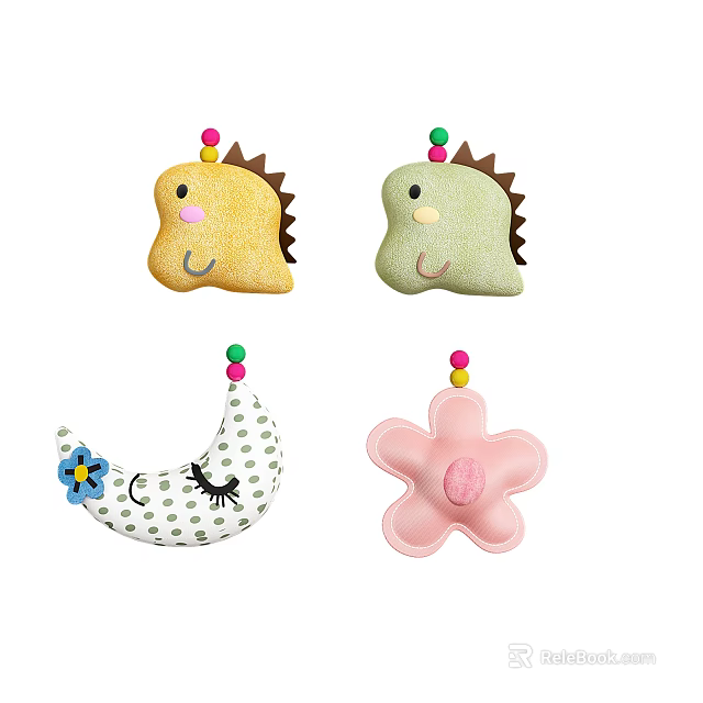 Cute Fabric Hanging Decorations With Dinosaur Moon And Flower Shapes In Colorful Styles 3d model 
