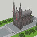 Gothic Style Building With Tall Spires Red Windows And Trees Around Steps
