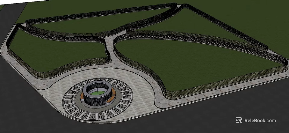 Modern Square Landscape with Circular Central Structure Green Lawn Areas and Stone Pathways 3d model