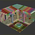 Traditional Courtyard Building Featuring Red Roof White Columns Blue Pool And Stone Paved Ground